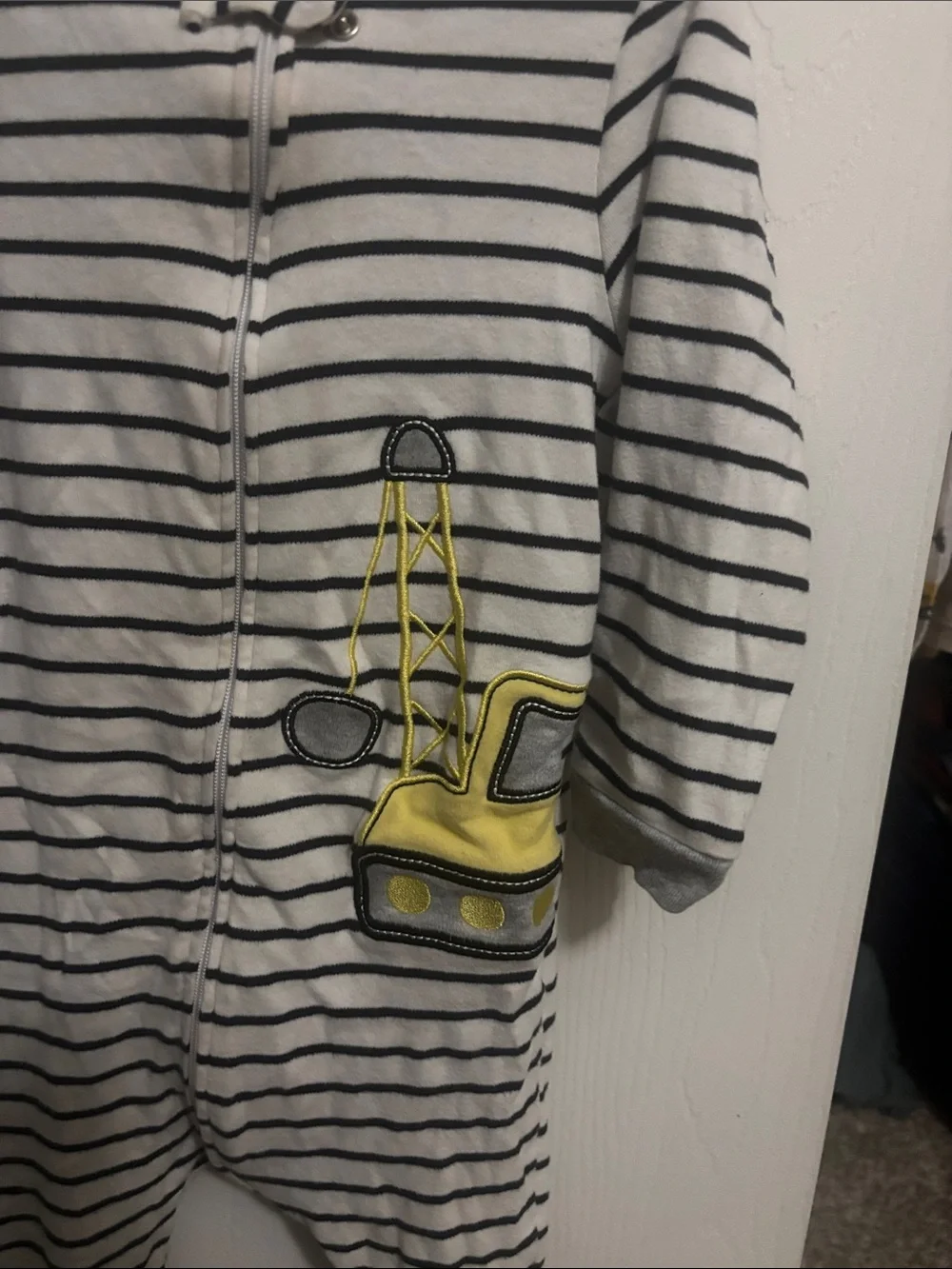 Striped Gray & White Footed One-Piece with Yellow Excavator - Kids